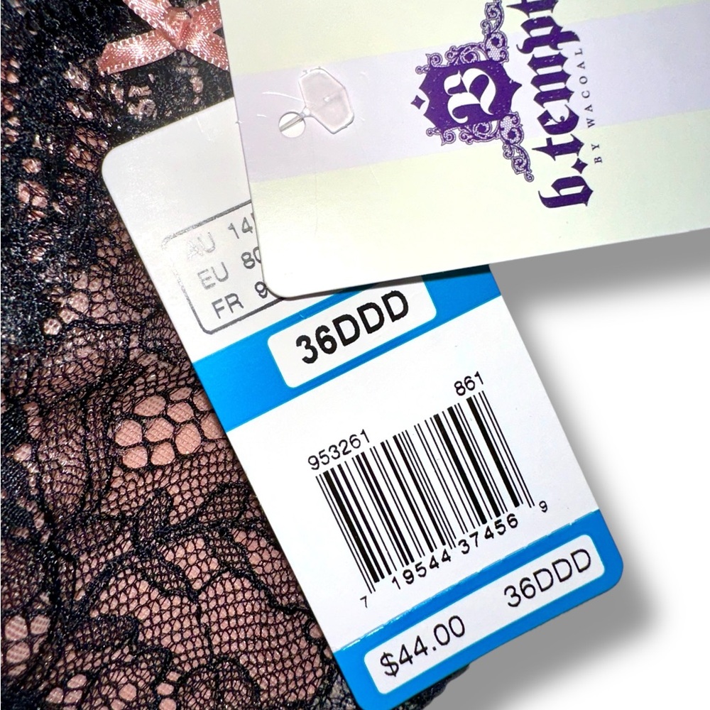 b.tempt'd by Wacoal 36DDD Bra Sultry Lace Balconette NWT Pink Black Eyelash - Picture 2 of 4